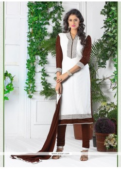 Invigorating Brown And Off White Embroidered Work Churidar Designer Suit