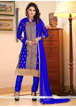 Capricious Embroidered Work Blue Georgette Churidar Suit