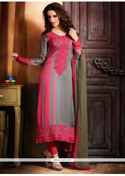 Grey And Pink Georgette Churidar Suit