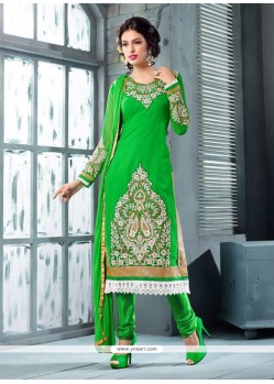 Glorious Green Embroidery Work Churidar Suit