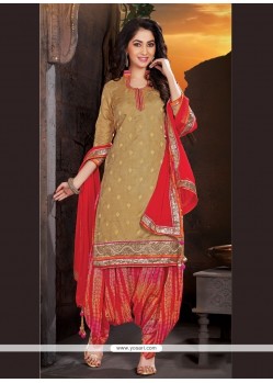 Prodigious Lace Work Beige Jacquard Punjabi Suit
