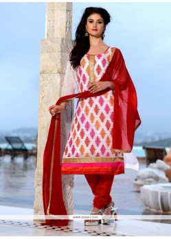 Fabulous Embroidered Work Off White And Red Chanderi Cotton Churidar Designer Suit