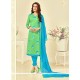 Snazzy Embroidered Work Cotton Green Churidar Suit