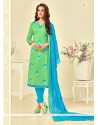Snazzy Embroidered Work Cotton Green Churidar Suit