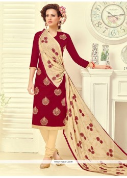 Enthralling Embroidered Work Red Churidar Suit