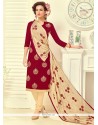 Enthralling Embroidered Work Red Churidar Suit