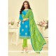 Spectacular Embroidered Work Cotton Blue Churidar Suit