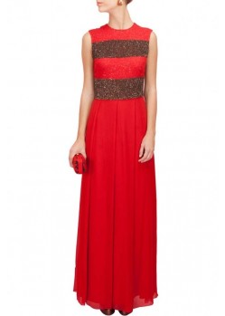 Red Georgette Pleated Maxi Dress