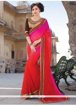 Hot Pink And Red Embroidered Work Georgette Designer Traditional Sarees