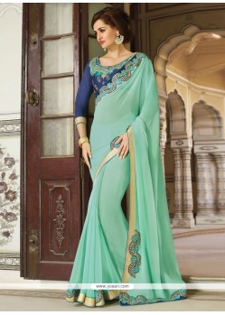 Flamboyant Embroidered Work Turquoise Classic Saree