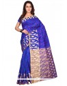 Stylish Banarasi Silk Blue Print Work Casual Saree