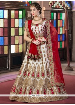 Patch Border Silk A Line Lehenga Choli In Off White And Red