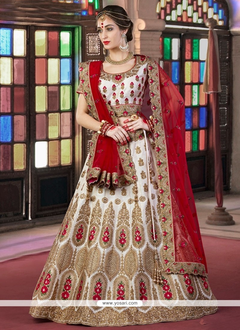Buy Patch Border Silk A Line Lehenga Choli In Off White And Red ...