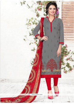 Lovely Embroidered Work Grey Chanderi Churidar Suit