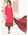 Riveting Embroidered Work Hot Pink Chanderi Churidar Suit