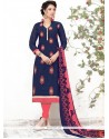 Renowned Chanderi Navy Blue Embroidered Work Churidar Suit