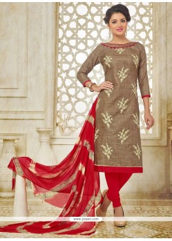 Congenial Brown Embroidered Work Churidar Suit