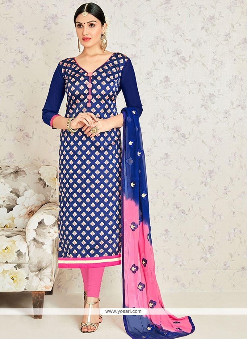 Buy Modernistic Navy Blue Embroidered Work Banarasi Silk Churidar Suit ...