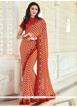 Patch Border Georgette Traditional Saree In Peach And Red