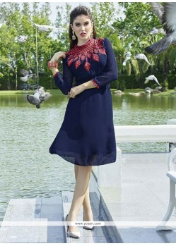 Embroidered Georgette Party Wear Kurti In Navy Blue