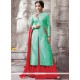 Sightly Embroidered Work Sea Green Silk Floor Length Suit