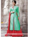 Sightly Embroidered Work Sea Green Silk Floor Length Suit