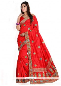 Red Embroidered Work Art Silk Traditional Saree