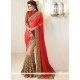Beige And Red Patch Border Work Net Classic Designer Saree