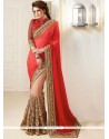Beige And Red Patch Border Work Net Classic Designer Saree