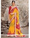 Energetic Yellow Patch Border Work Georgette Printed Saree