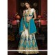Exciting Fancy Fabric Cream And Turquoise Patch Border Work A Line Lehenga Choli