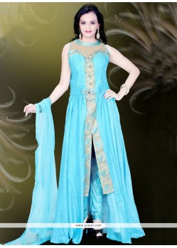 Ruritanian Turquoise Silk Embroidered Work Readymade Suit