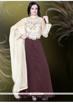 Blissful Net Embroidered Work Brown Readymade Gown