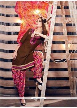 Gorgonize Cotton Brown Resham Work Punjabi Suit