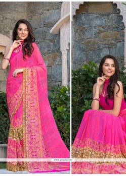 Chic Print Work Hot Pink Casual Saree