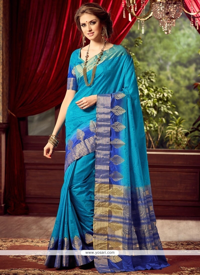 Buy Energetic Raw Silk Blue Designer Traditional Sarees | Wedding Sarees