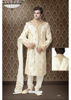 Fancy lemon cream brocade chudidar Sherwani