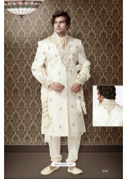 Artful lemon cream banarasi giccha Sherwani