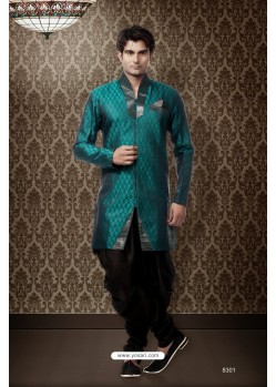 Attractive Green And Black Banarasi Giccha Kurta Payjama