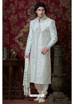 Handsome Off White Brocade Wedding Sherwani