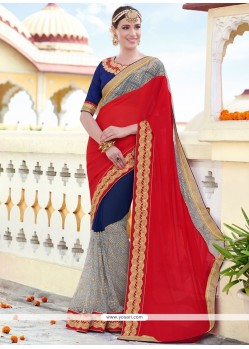 Desirable Faux Chiffon Navy Blue And Red Patch Border Work Designer Half N Half Saree