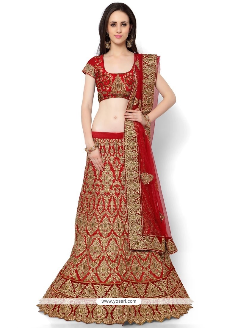 Buy Glowing Red Resham Work Silk A Line Lehenga Choli | Wedding Lehenga ...