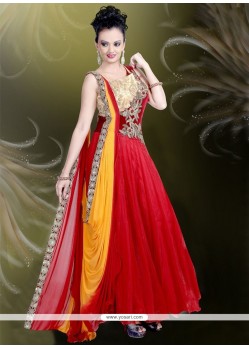 Irresistible Net Embroidered Work Red Readymade Gown