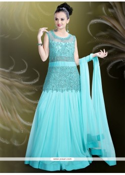 Divine Embroidered Work Satin Turquoise Readymade Gown