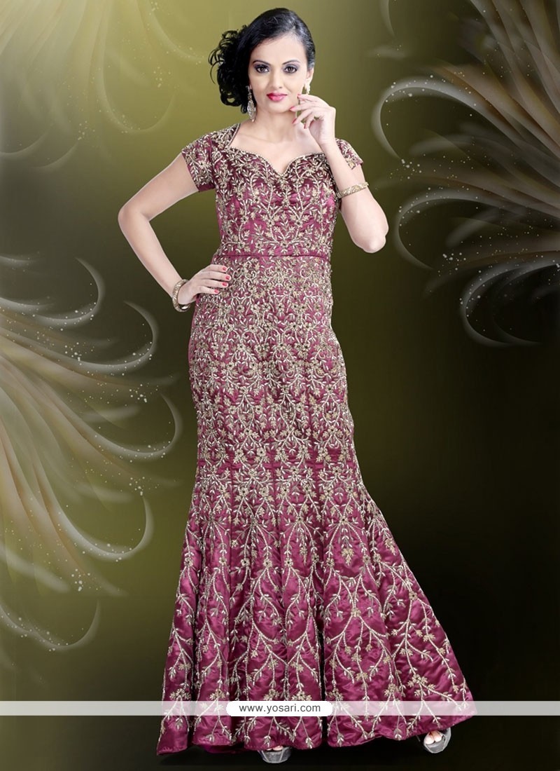 Buy Stunning Embroidered Work Satin Purple Readymade Gown | Gowns