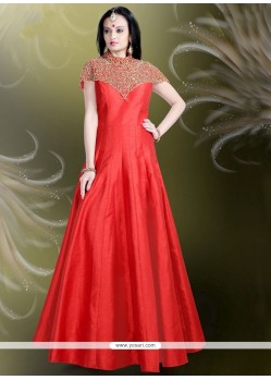 Conspicuous Red Embroidered Work Readymade Gown