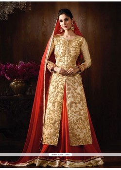 Noble Raw Silk Beige And Red Embroidered Work Designer Floor Length Suit