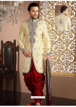 Fancy Look Cream Banarasi Silk Sherwani