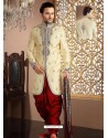 Fancy Look Cream Banarasi Silk Sherwani