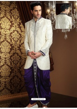 Attractive Off White Silk Cotton Sherwani
